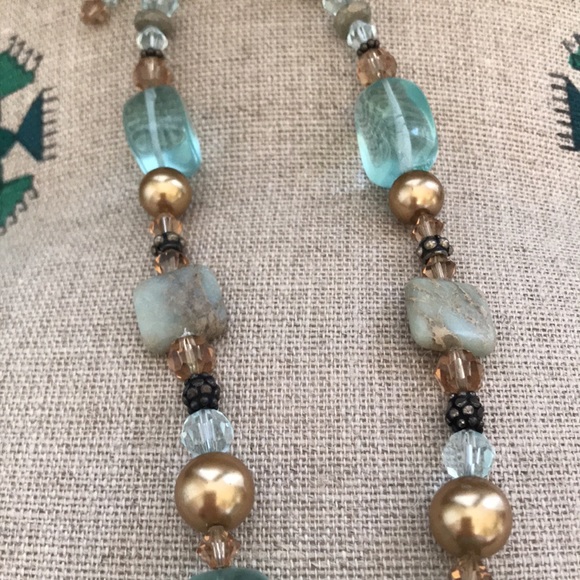 Beaded Station Pendant Necklace - Gold, Bronze, Aqua - Picture 3 of 4